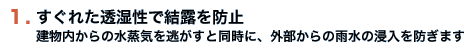 すぐれた透湿性で結露を防止　建物内からの水蒸気を逃がすと同時に、外部からの雨水の浸入を防ぎます
